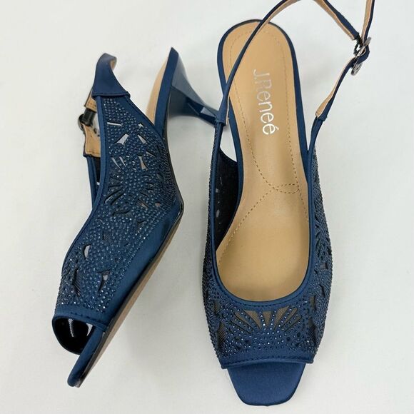 J. Renee ARATA Navy Blue Sparkle Laser Cutout Lace Mesh Open Toe Slingback Heels - Picture 4 of 16